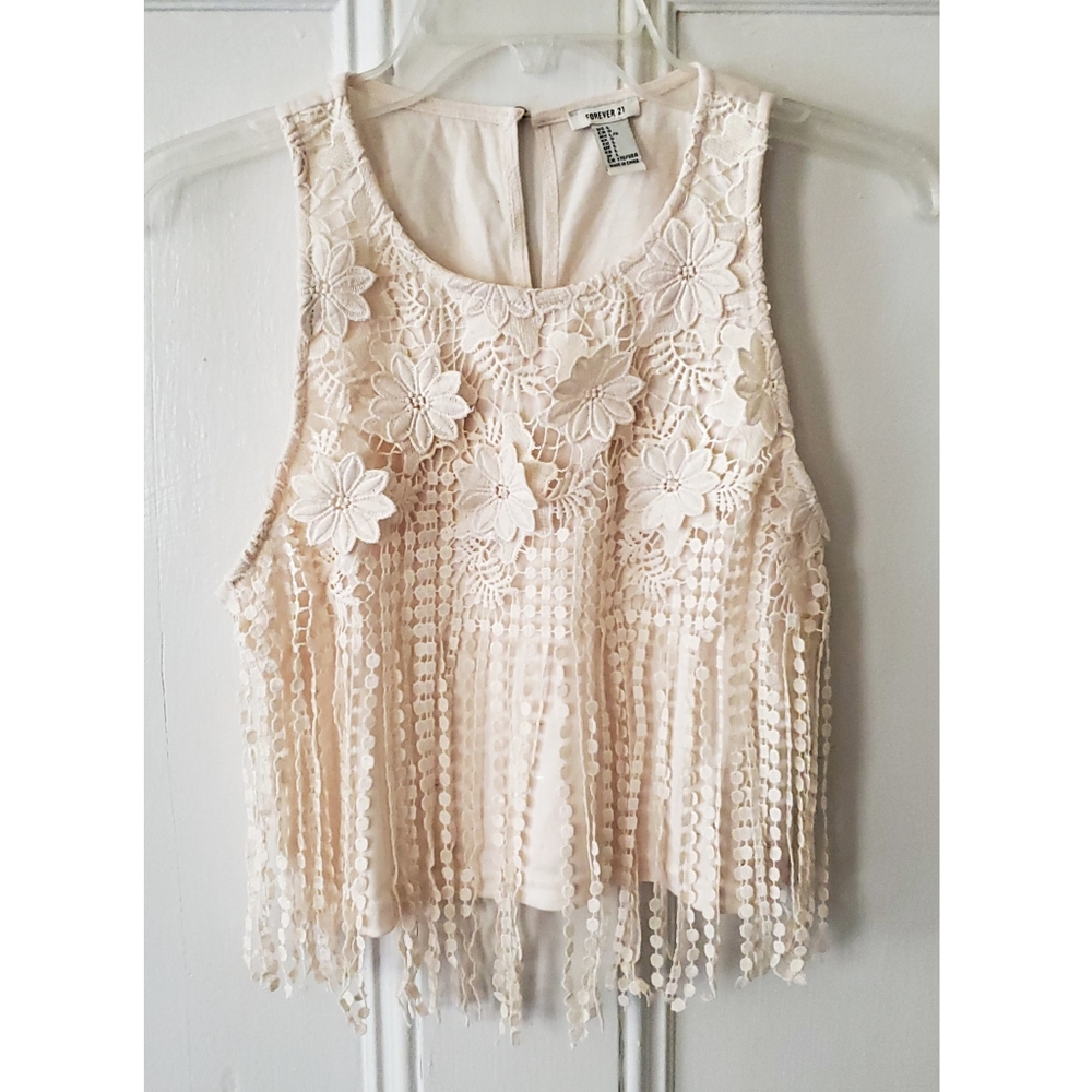 Nude/cream crop top with floral lace overlay